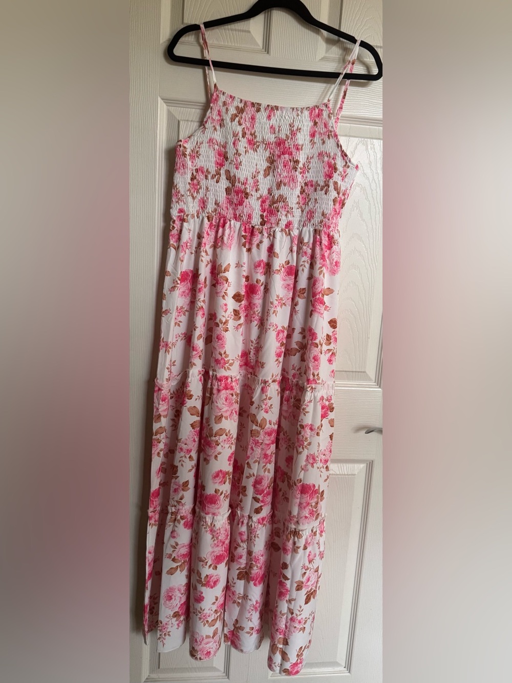 NWOT Pink Rose Maxi Dress in Cream, Smocked Bodice, Summer Dresses, Size
